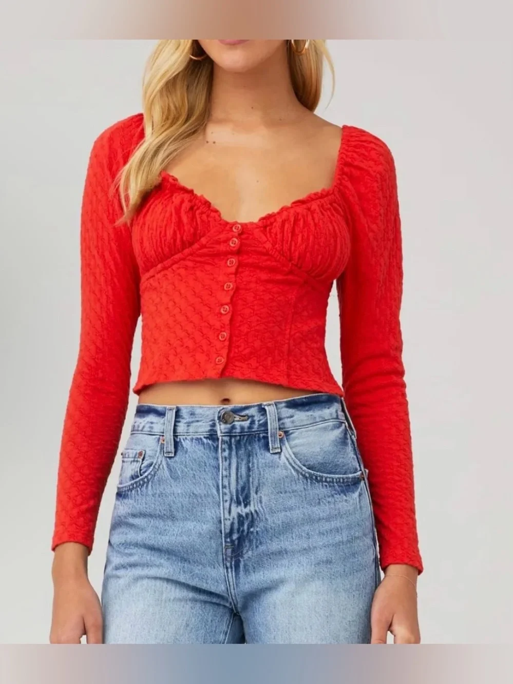 Free People Red Long-Sleeve Cropped Button Front Top - Size XS